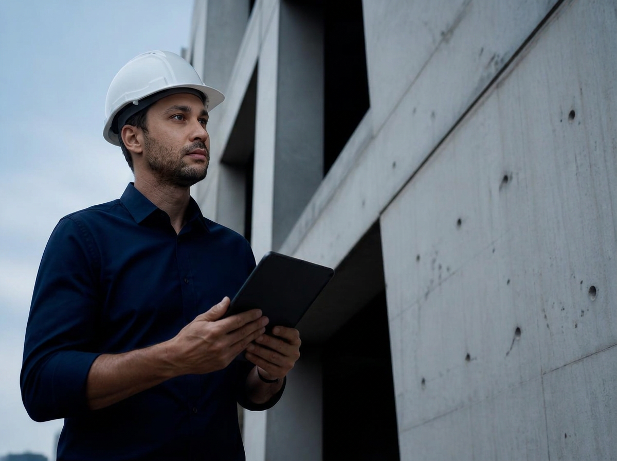 Engenheiro com prancheta digital avaliando a fachada de concreto de uma edificação