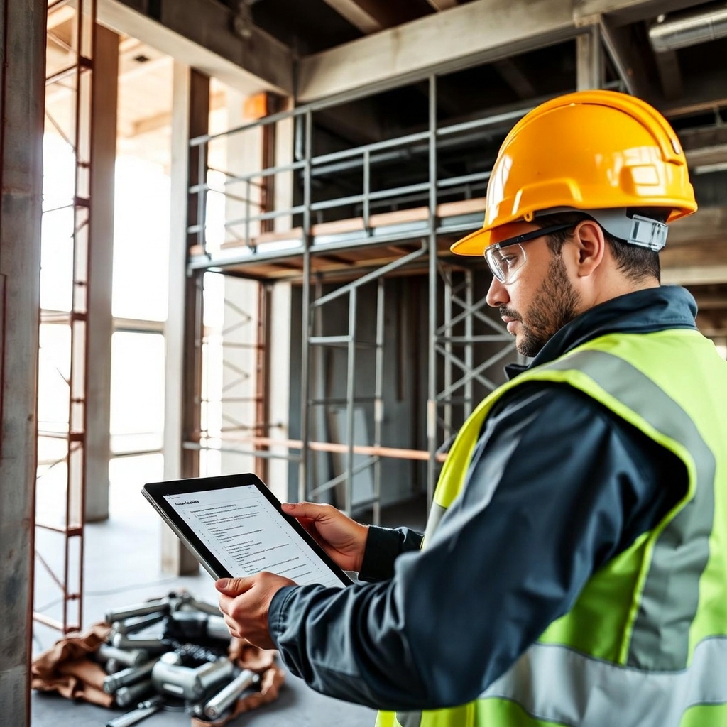 Engenheiro conferindo lista de pendências em tablet em obra na fase de acabamento