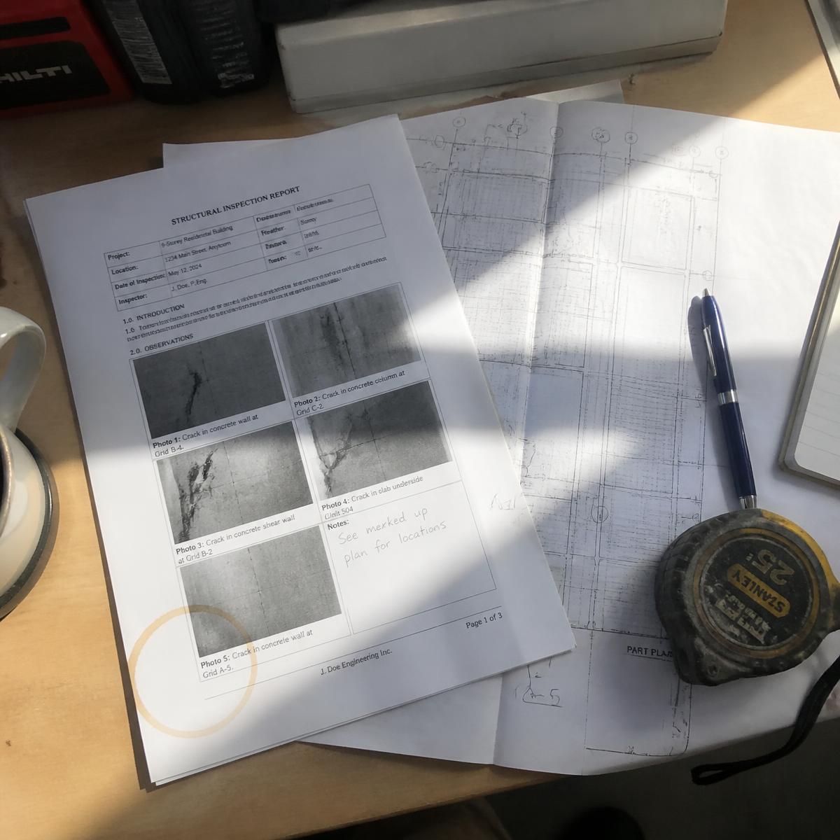 Laudo técnico impresso com desenhos e registros fotográficos de anomalias sobre mesa de trabalho